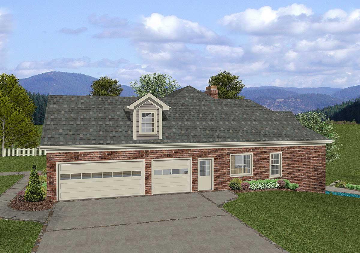 House plan exterior: Two-story brick home with three-car garage, dormer, and steep rooflines.