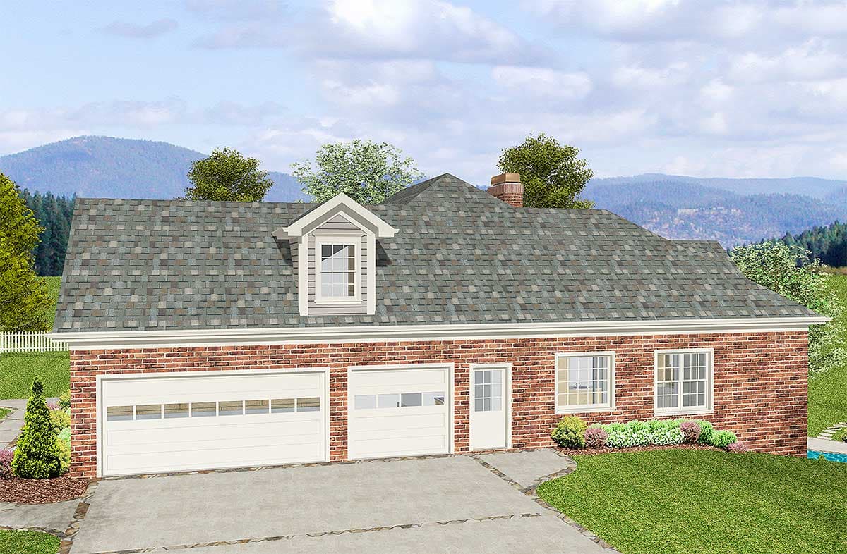 House plan exterior with brick facade, two-car garage, and dormer window.