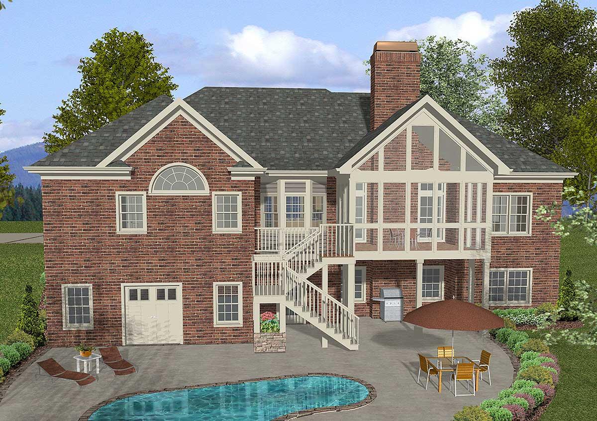 House plan exterior with brick facade, a two-story design, arched window, and a screened porch with a deck.