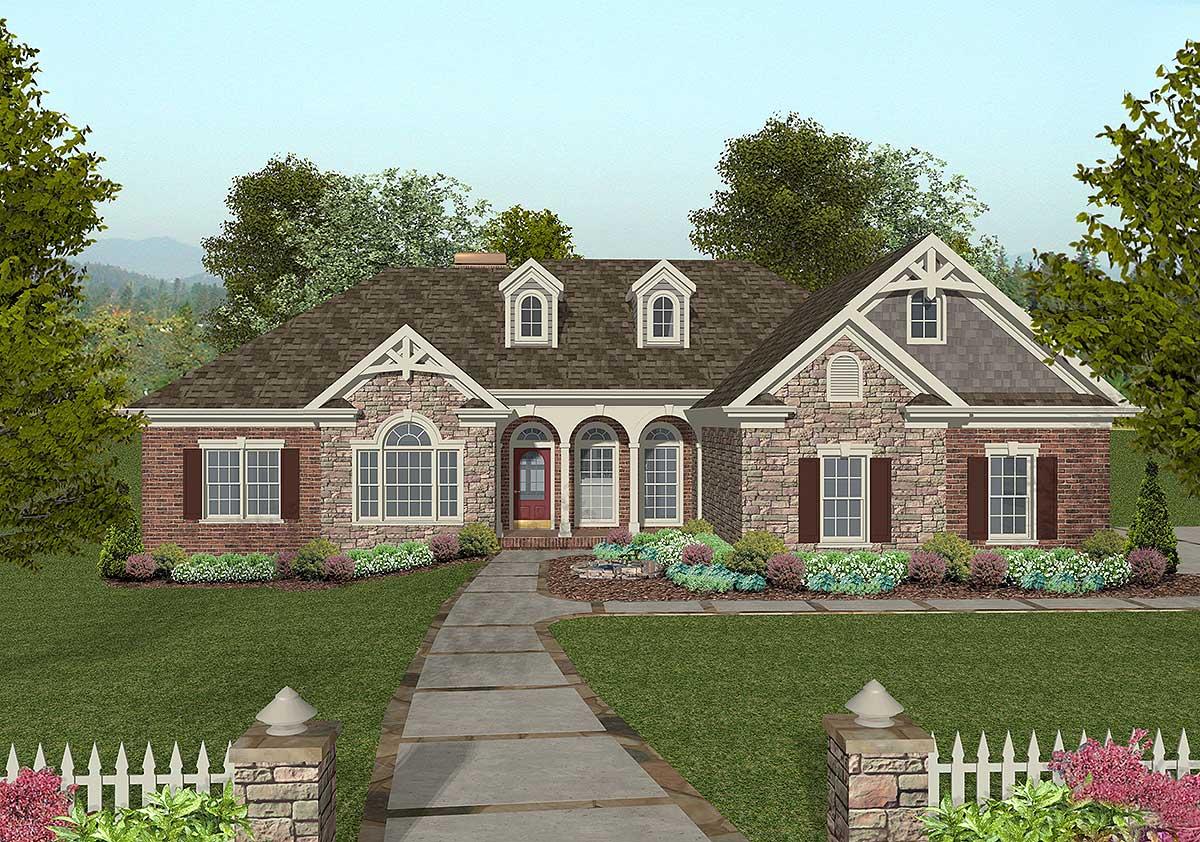 House plan exterior: One-story home with stone and brick facade, arched entry, multiple gables, and dormer windows.