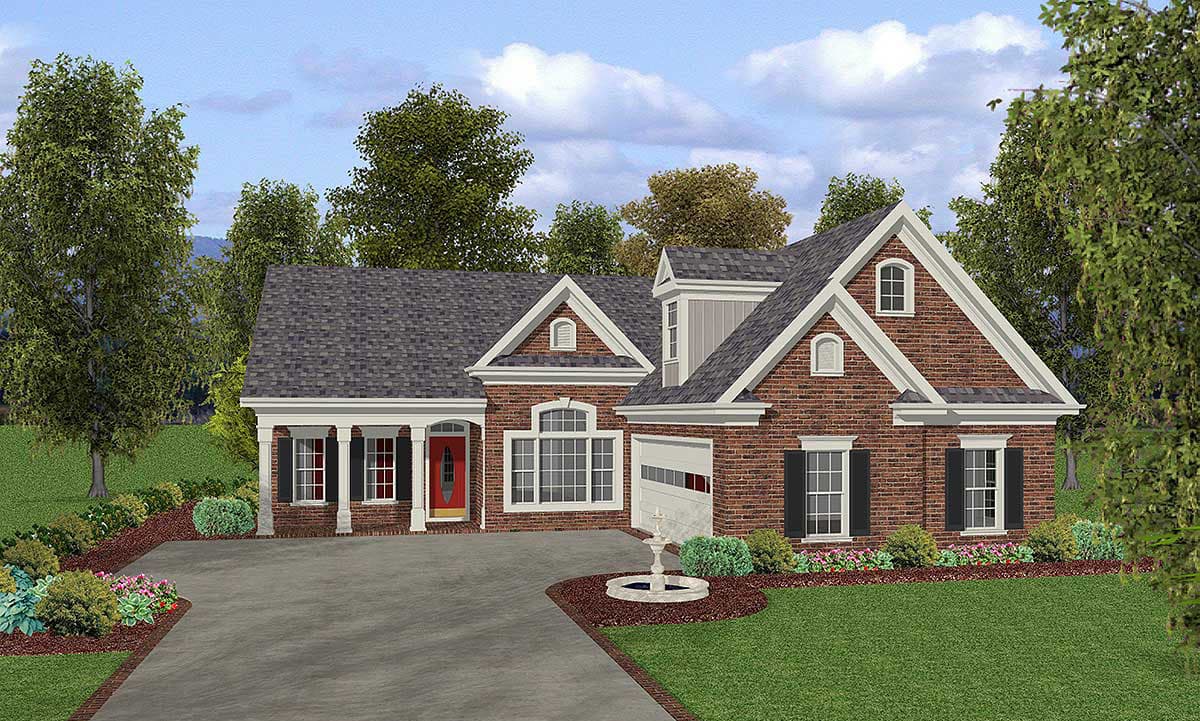 House plan exterior: One-story brick home with a front-gabled roof, arched dormers, columns, and a side-entry garage.