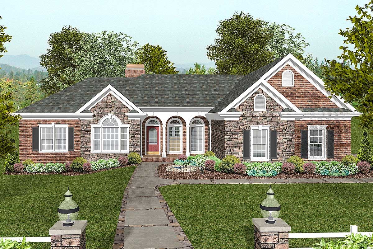 House plan exterior: One-story home with stone and brick facade, arched entry, gables, and multi-pane windows.
