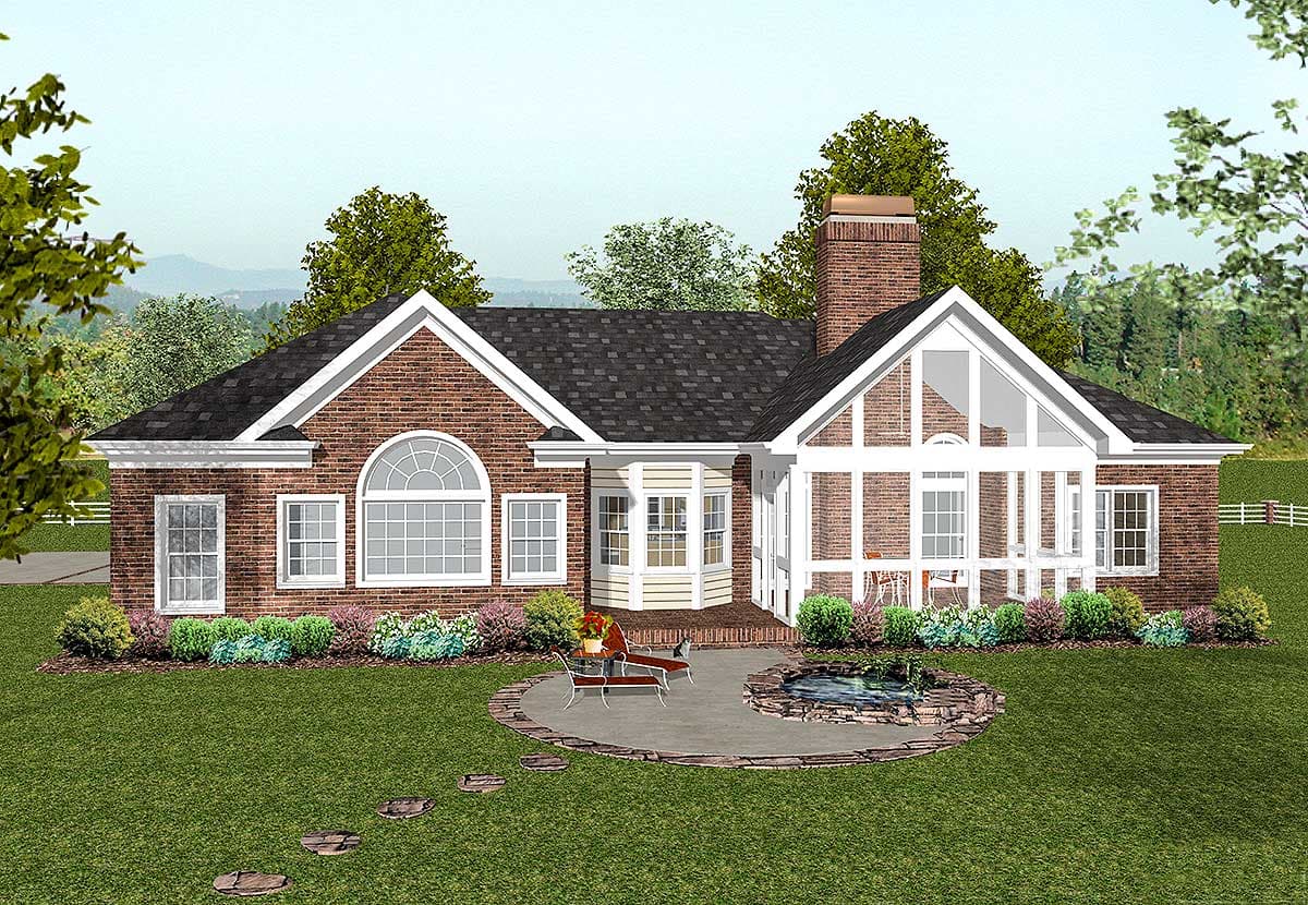 House plan exterior: Brick ranch with a large gable roof, arched window, bay window, and screened-in sunroom with a vaulted ceiling.