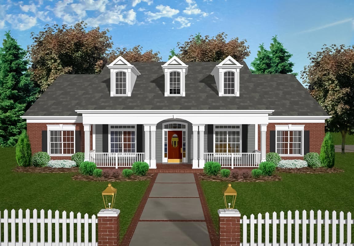 House plan exterior featuring a one-story, traditional style home with a porch, dormers, and brick accents.