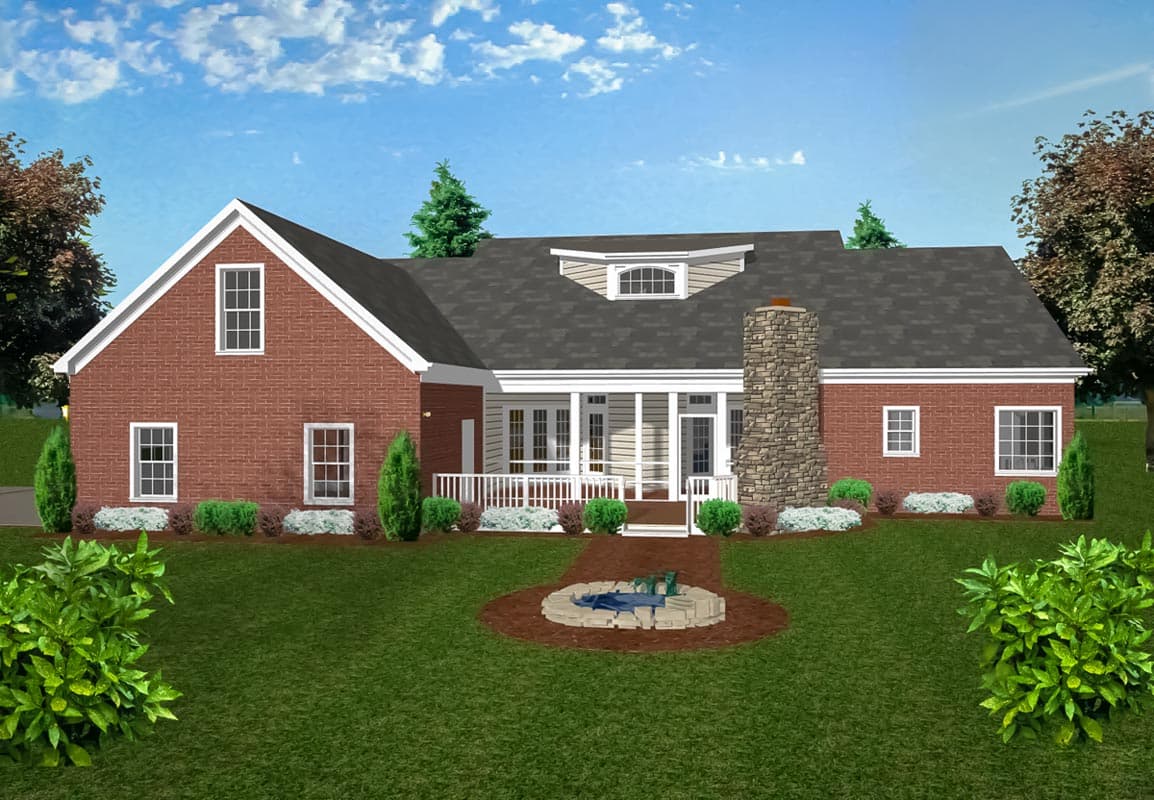 House plan exterior. Brick two-story home with gables, dormer, covered porch, and stone chimney.