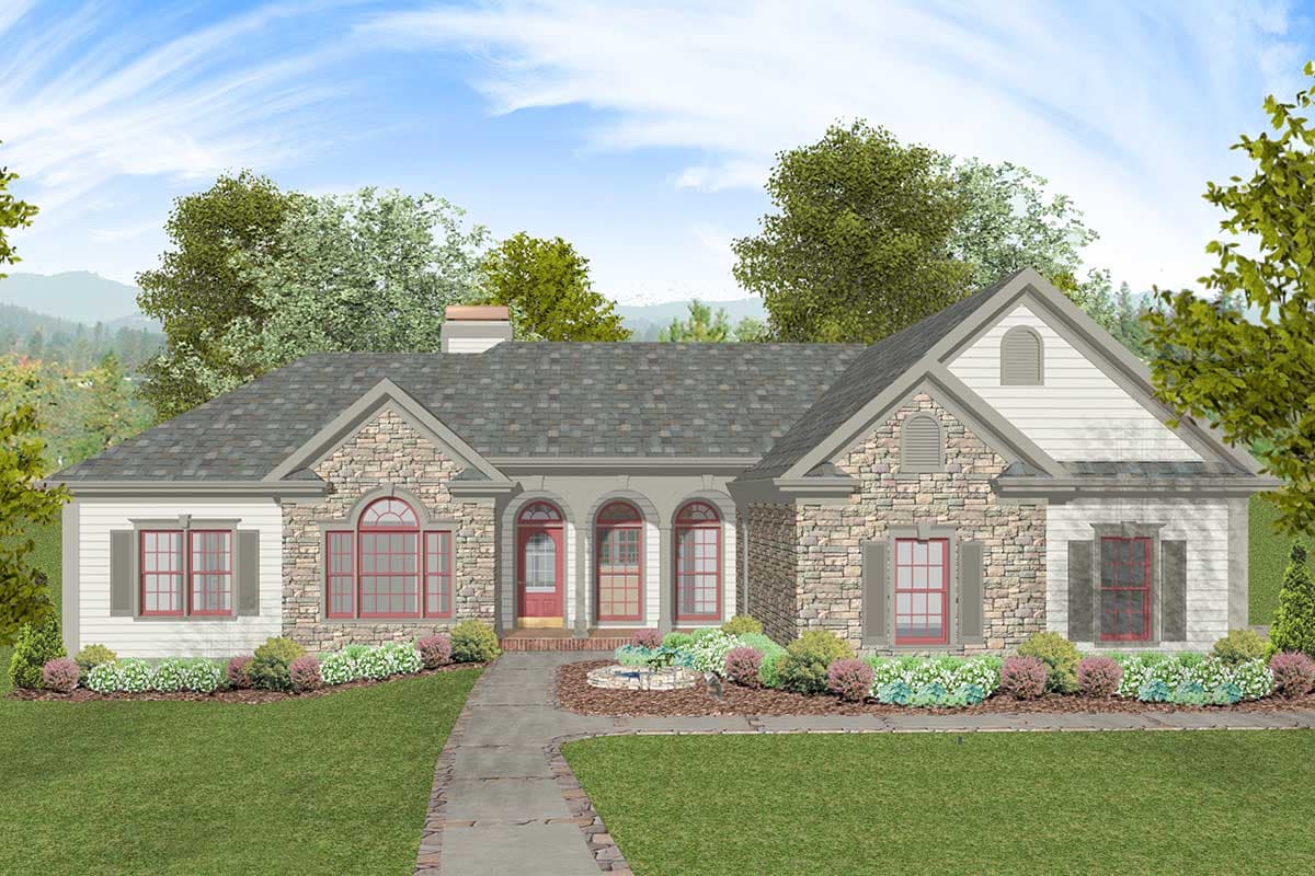 House plan exterior of one-story home with stone facade, arched windows, gabled dormers, and triple arched entryway.