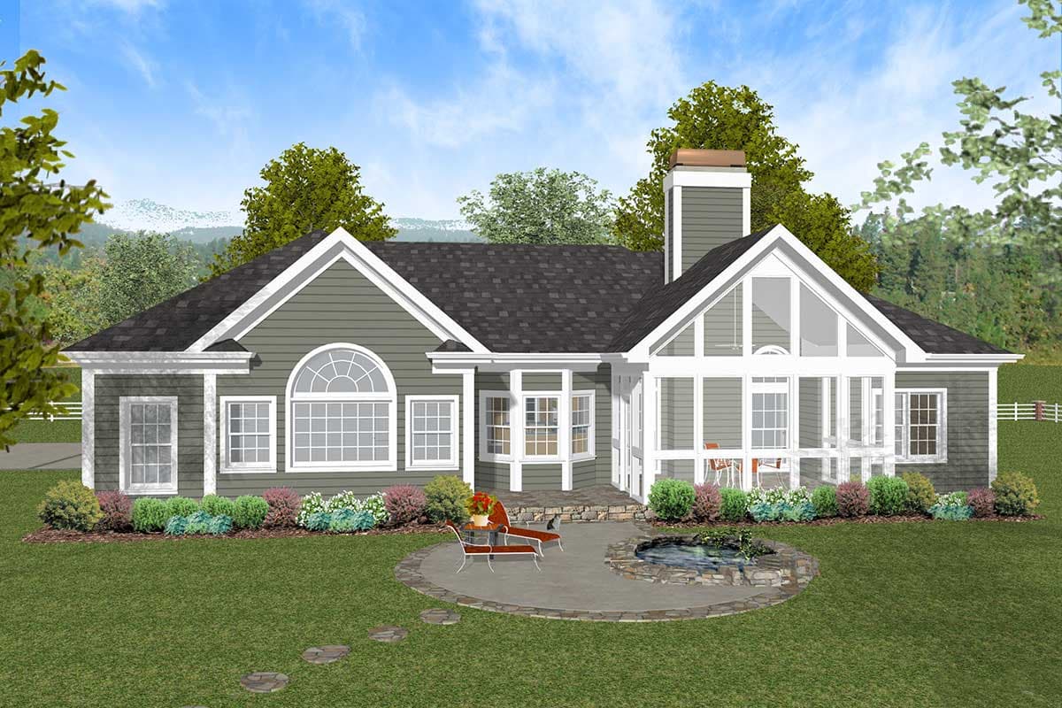 House plan exterior: One-story home with gabled rooflines, arched window, bay windows, and a sunroom with floor-to-ceiling windows.