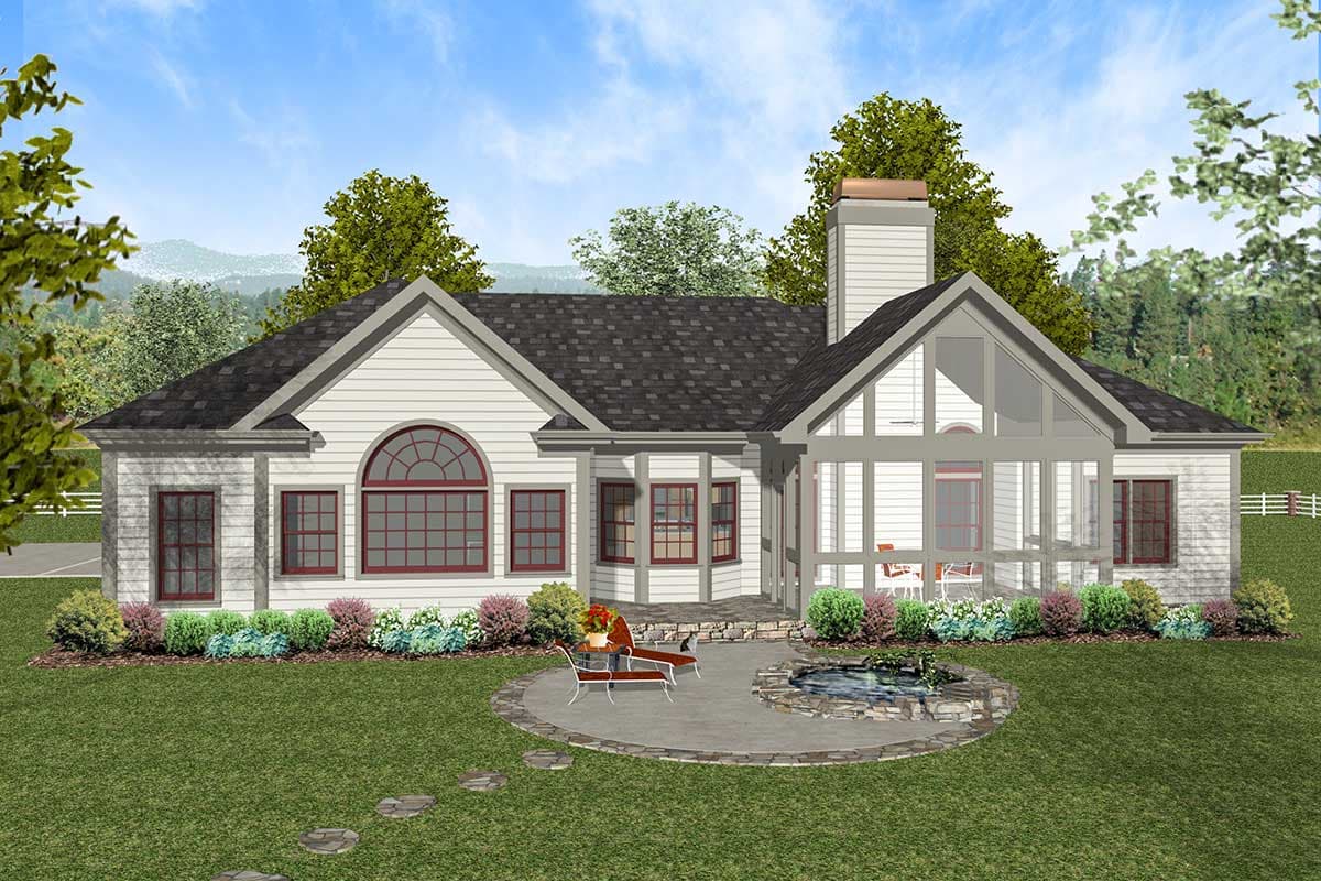 House plan exterior featuring a white, two-story design with a prominent arched window, a screened porch, and a large stone chimney.
