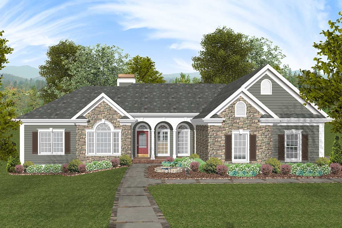 House plan exterior: One-story home with stone accents, arched windows, gabled dormers, and a covered entry with three arches.