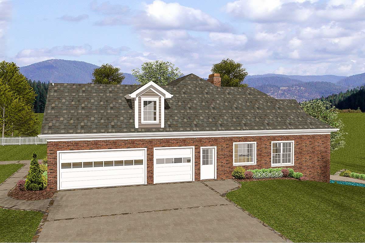 House plan exterior: Brick ranch with attached two-car garage, dormer, and hip roof.