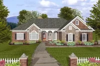One-Story Brick-and-Stone House Plan with Vaulted Porch - 2000 Sq Ft