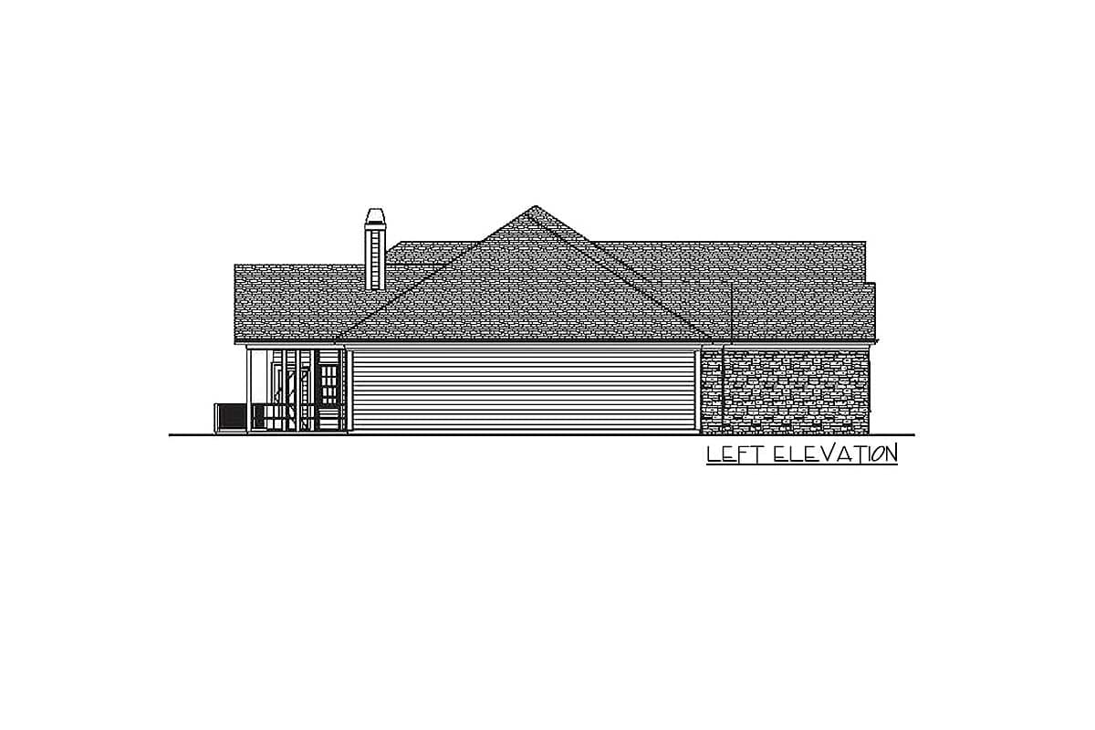 Left elevation drawing of a house plan with hip roof, gabled dormer, chimney, siding, and stone base.