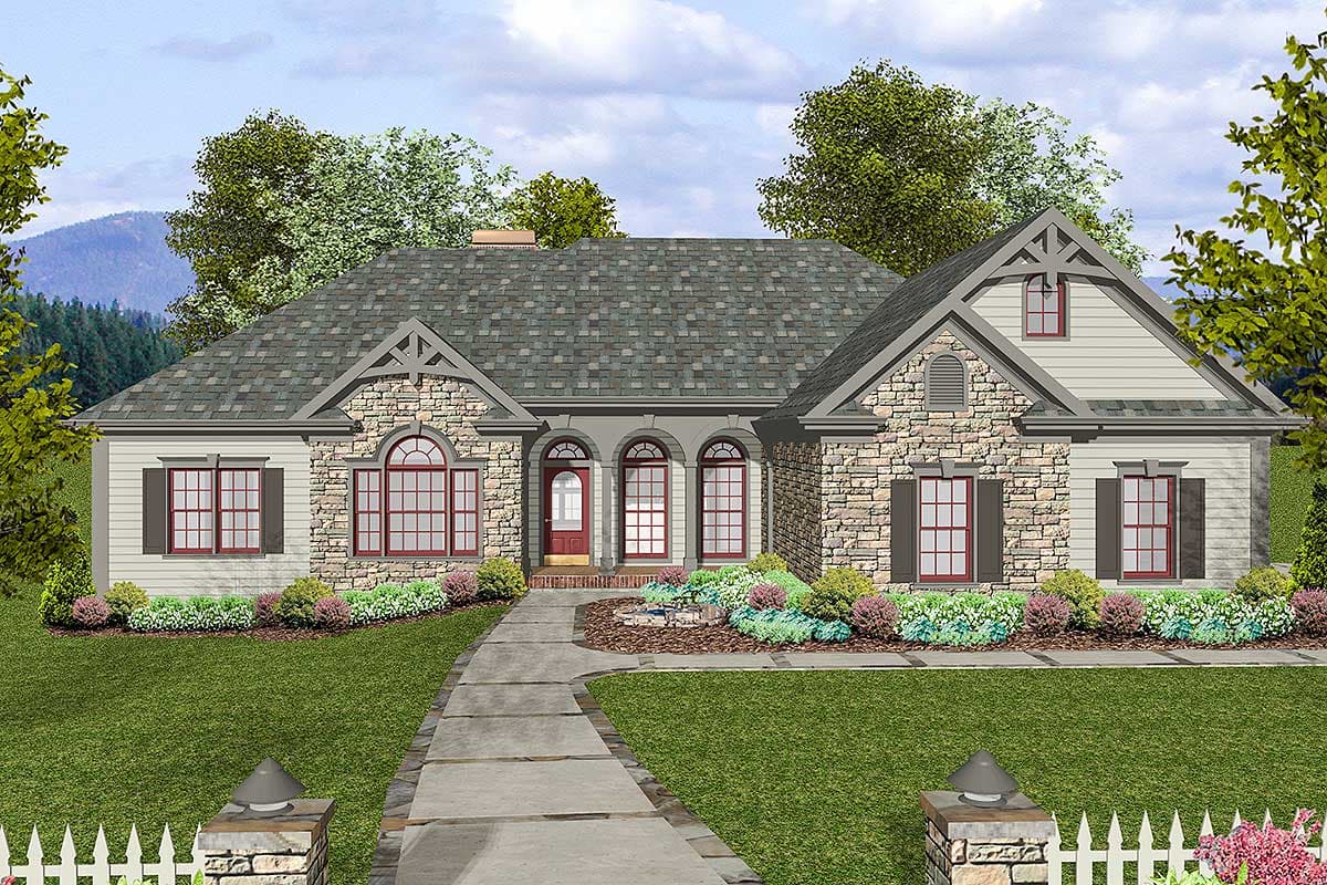 House plan exterior: One-story home with stone accents, arched windows, a triple-arch entryway, and a prominent gable.