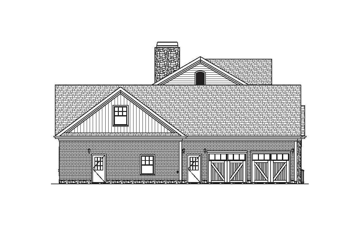House plan exterior elevation drawing showing a two-story structure with gables, dormer, stone chimney, and a three-car garage.