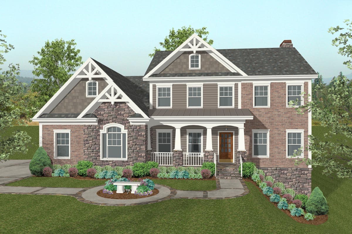 Two-story house plan exterior with stone and brick facade, gabled dormers, decorative truss details, and a covered front porch.