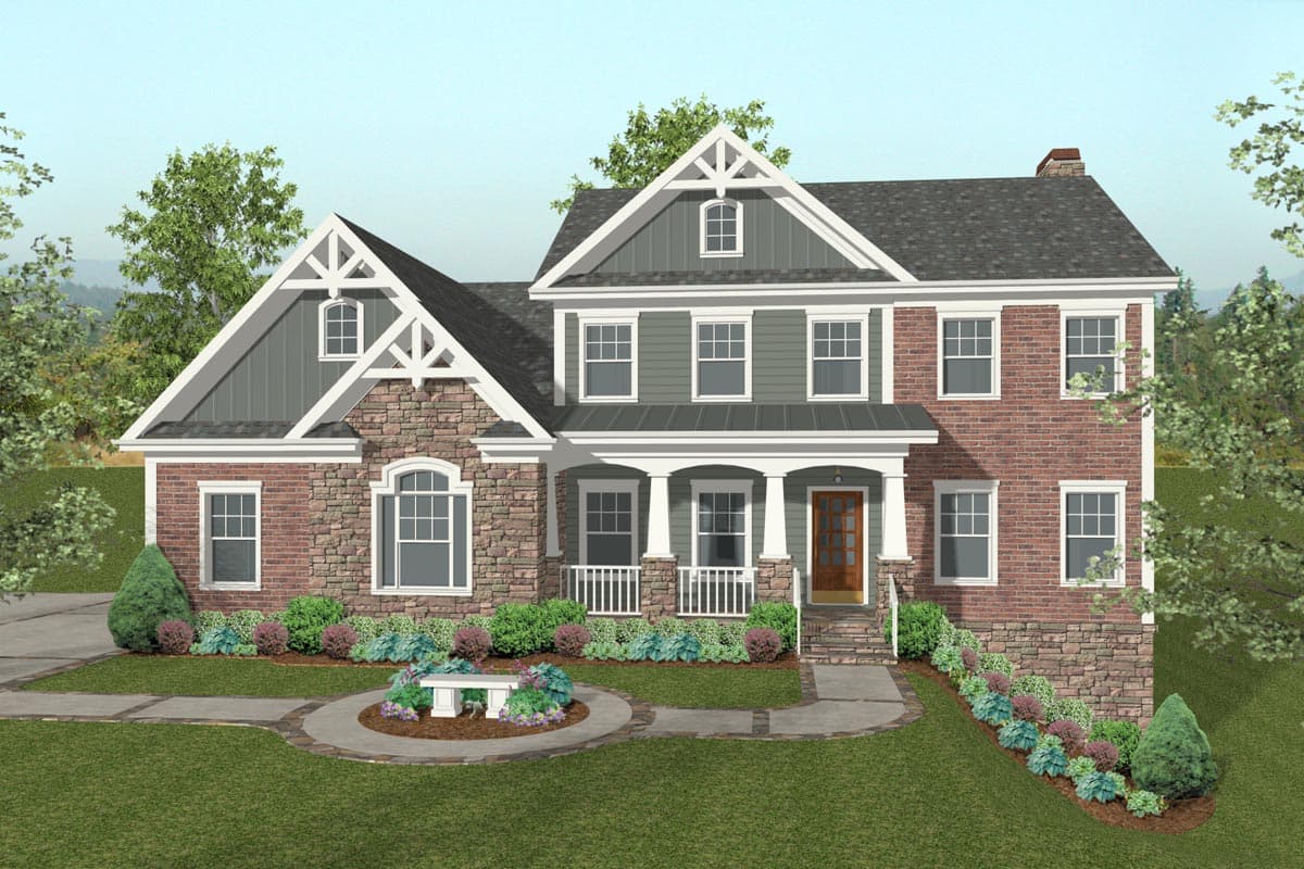 House plan exterior: two-story home with stone and brick facade, prominent gables with decorative brackets, and a covered front porch.