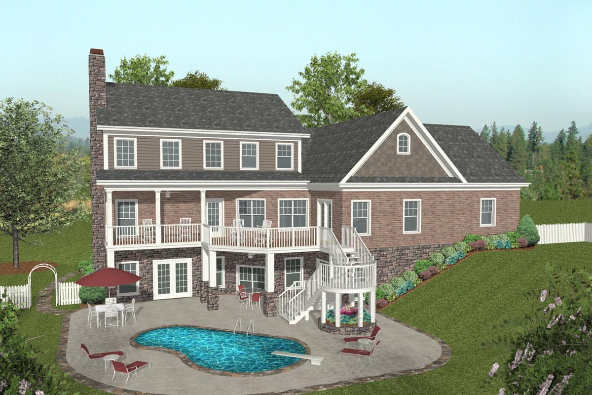 House plan exterior: three-story home with stone chimney, multiple decks, and swimming pool.