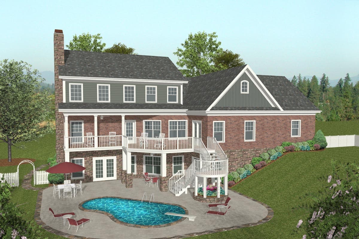 House plan exterior rendering of a three-story brick and siding home with a full-width porch, deck, and pool.