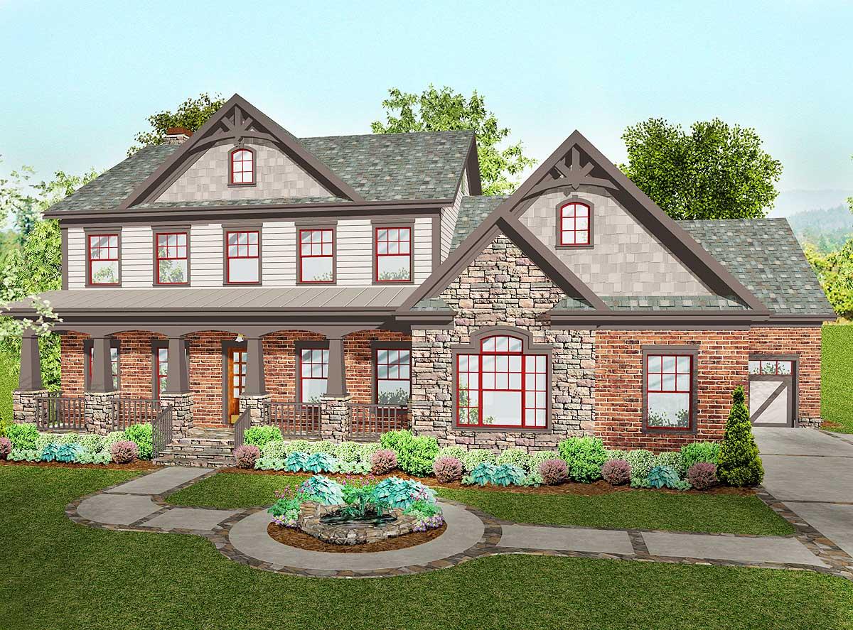 House plan exterior: two-story dwelling with wrap-around porch, stone and brick facade, multiple gables, dormers, and attached garage.