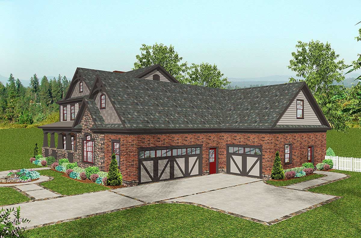 House plan exterior: Two-story home with brick and stone facade, gabled dormers, and a three-car garage.