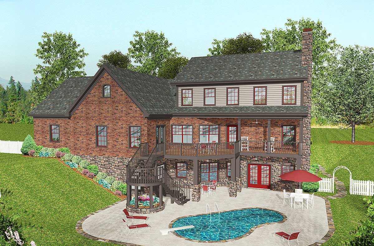 House plan exterior: Two-story brick and stone home with multiple gables, a wraparound deck, and a pool.