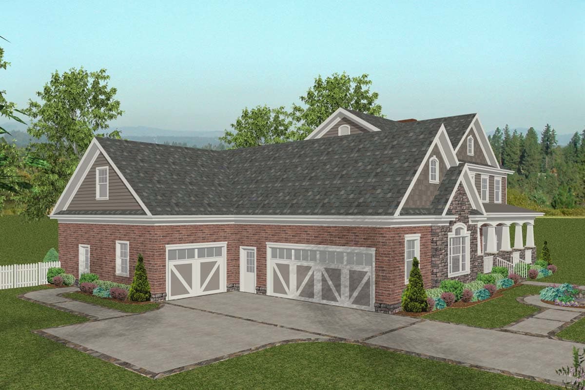 House plan exterior: Two-story home with brick and stone facade, three-car garage, and covered front porch.