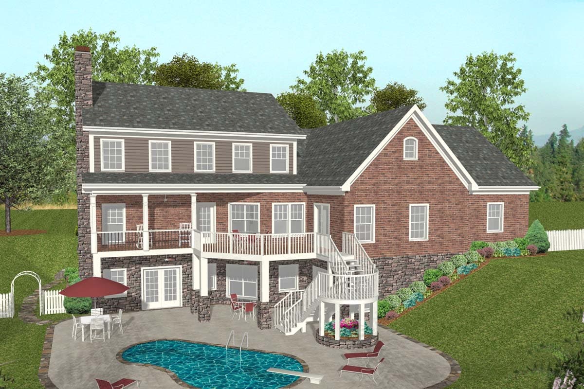 House plan exterior: two-story brick and siding home with a stone foundation, multiple decks, a chimney, and a pool.