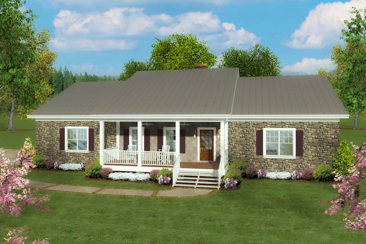 House plan exterior: Single-story ranch with stone veneer, metal roof, covered porch with white railings, and a central wood-paneled entrance.
