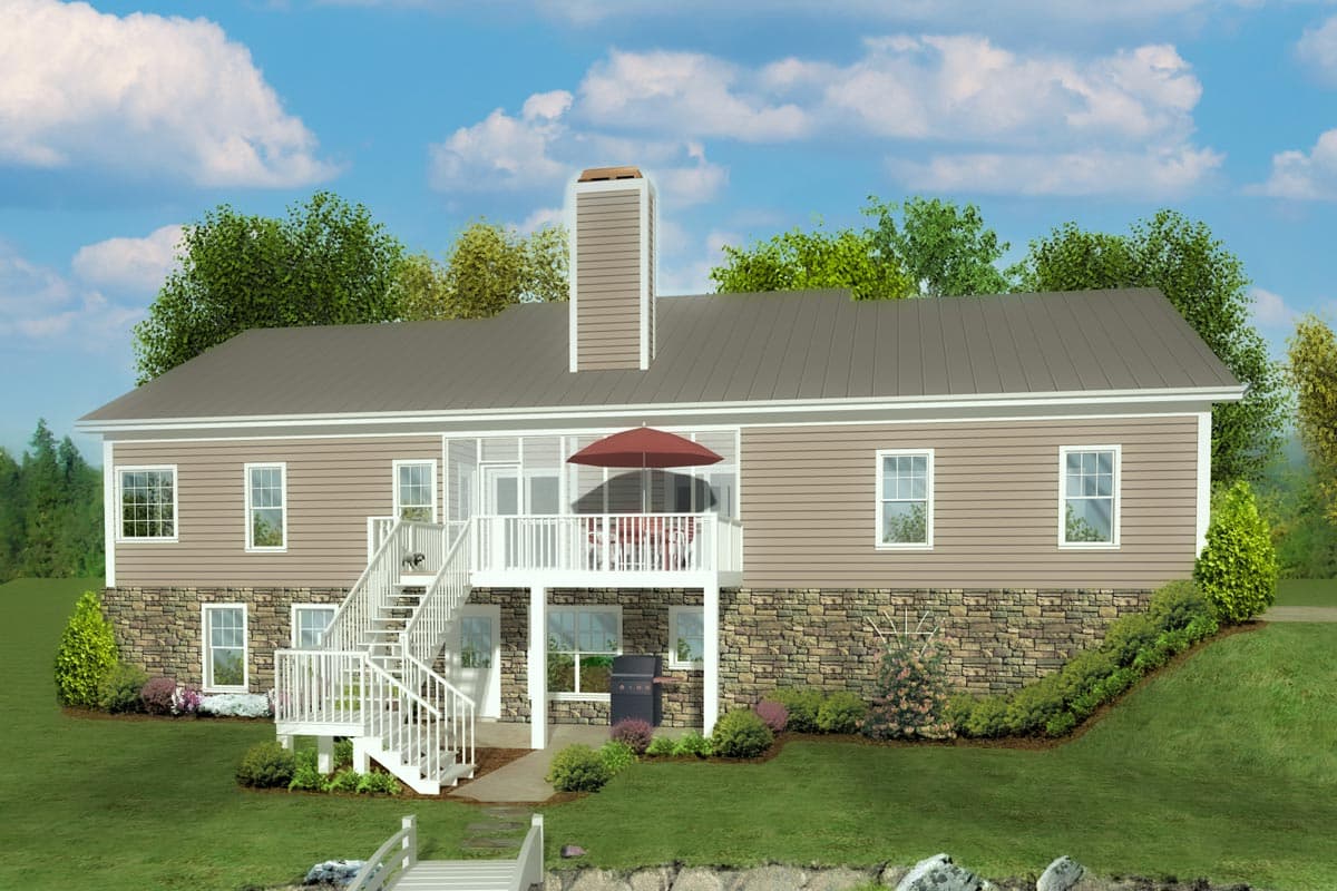 House plan exterior view showing a two-story home with stone base, siding, dual staircases, and a screened porch.