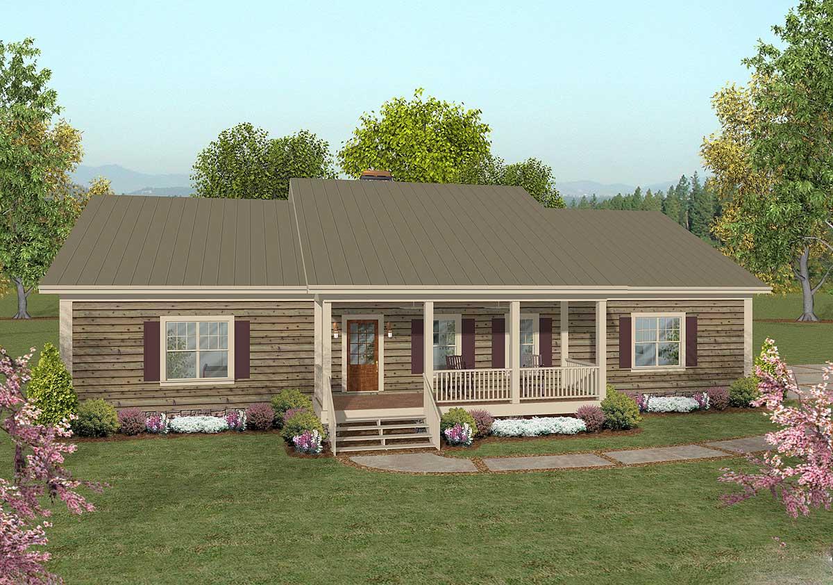 House plan exterior: One-story Ranch style with a wraparound porch, gable roof, and horizontal siding.