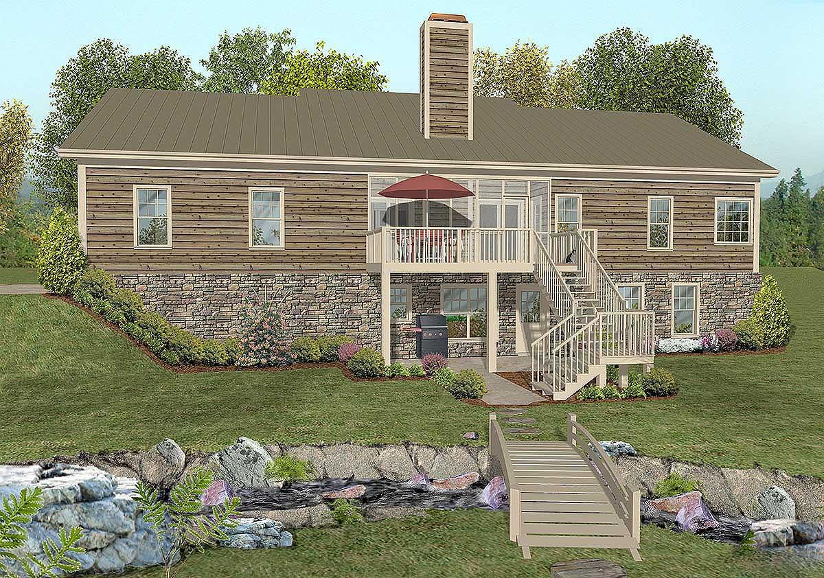 House plan exterior featuring wood siding, stone foundation, raised deck with stairs, and a prominent chimney.