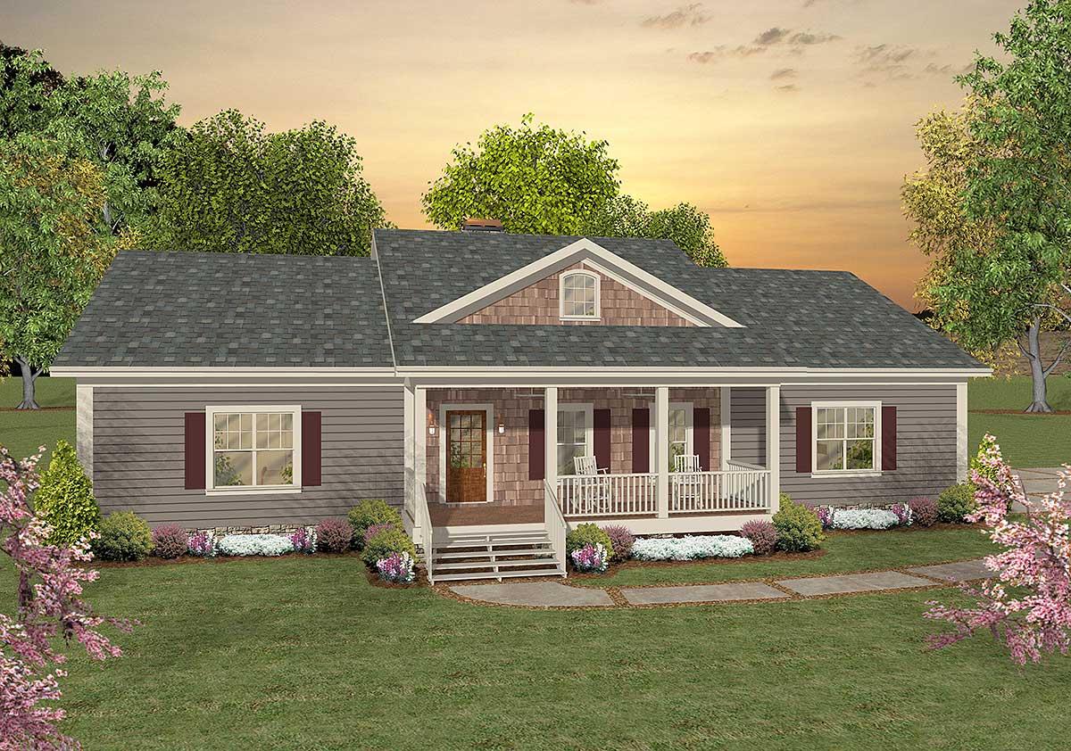 House plan exterior: one-story ranch with covered front porch, gabled dormer, and lap siding.