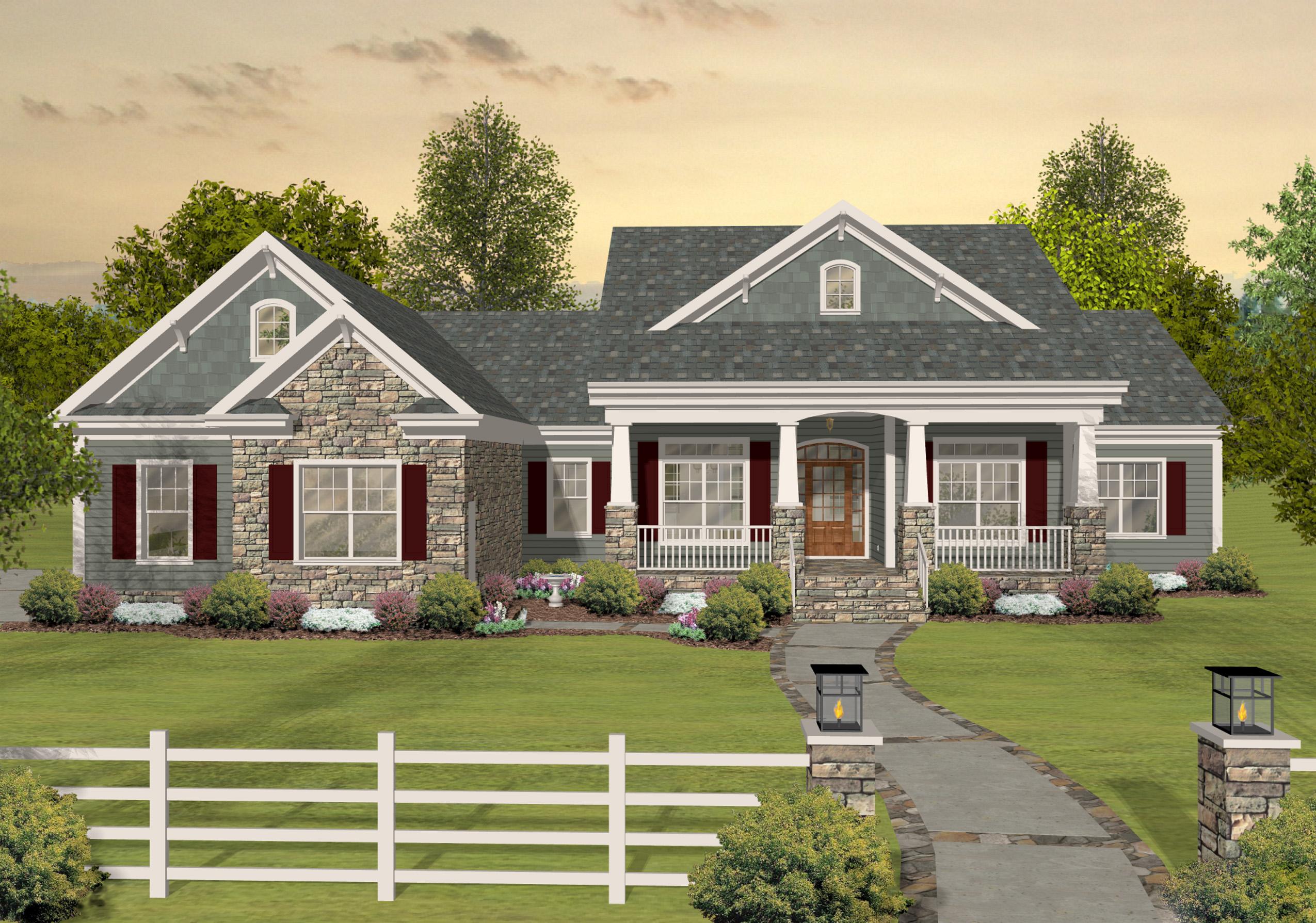 House plan exterior: Ranch style with stone and siding, covered front porch with columns, gables, and dormer windows.