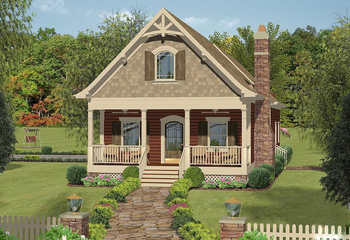 House plan exterior: Craftsman style, one story, with a covered front porch, stone chimney, and decorative gable.