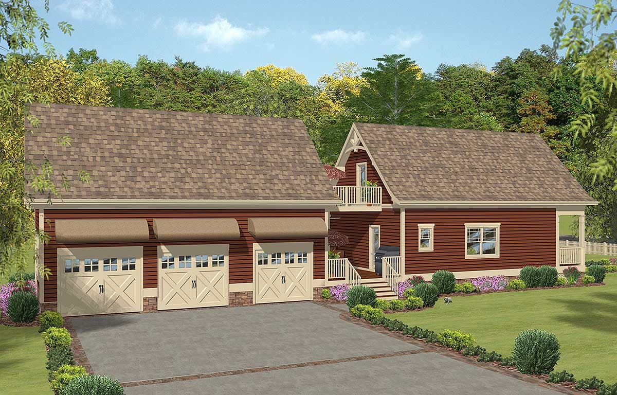 House plan exterior: Two-story home with three-car garage, front balcony, porch, and gabled roof.