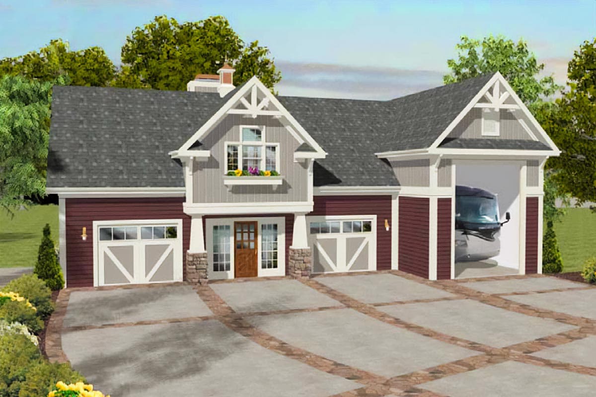House plan exterior: Modern Farmhouse style, two stories, with front entry, two-car garage, and RV garage.