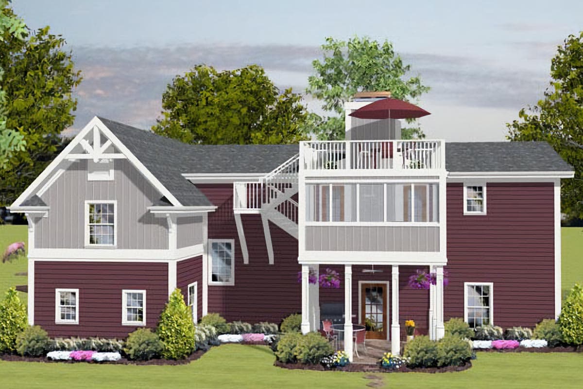 House plan exterior: Traditional style with gabled dormers, a two-story sunroom, and an upper-level deck accessed by exterior stairs.