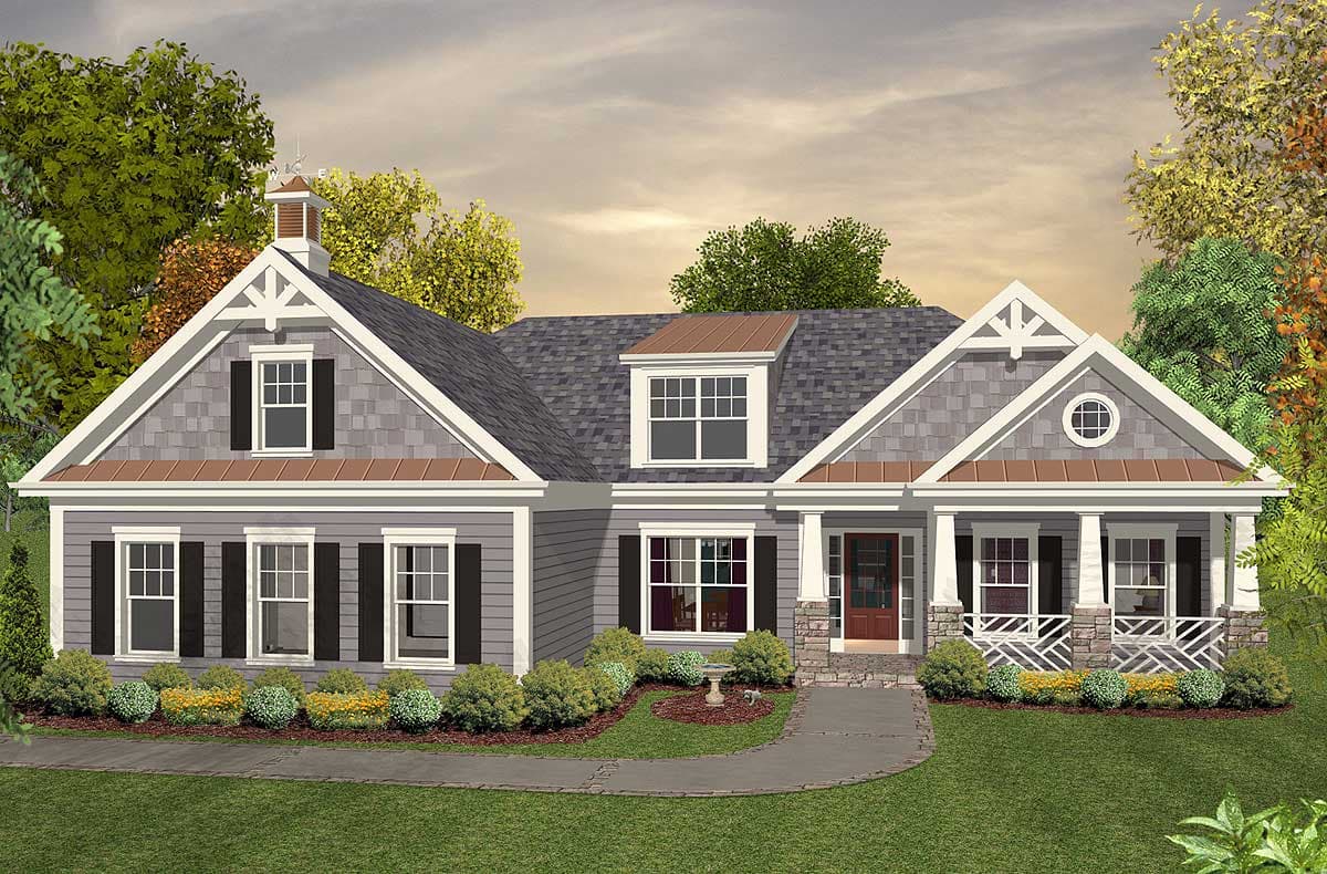 House plan exterior: One-story home with gabled dormers, front porch with stone supports, and decorative gable trim.