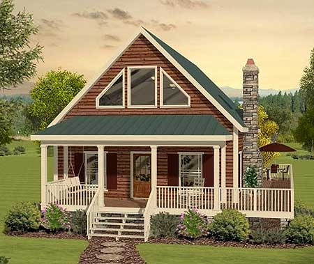 House plan exterior: Two-story cabin-style home with a wrap-around porch, stone chimney, and triangular dormer windows.