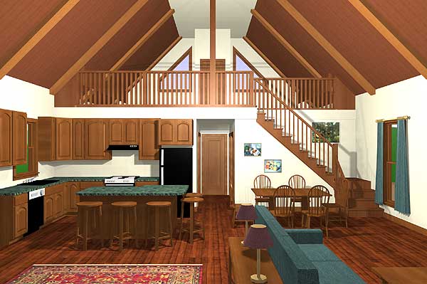 Interior rendering of a house plan showing a kitchen, dining area, great room, and loft with vaulted ceilings and exposed beams.