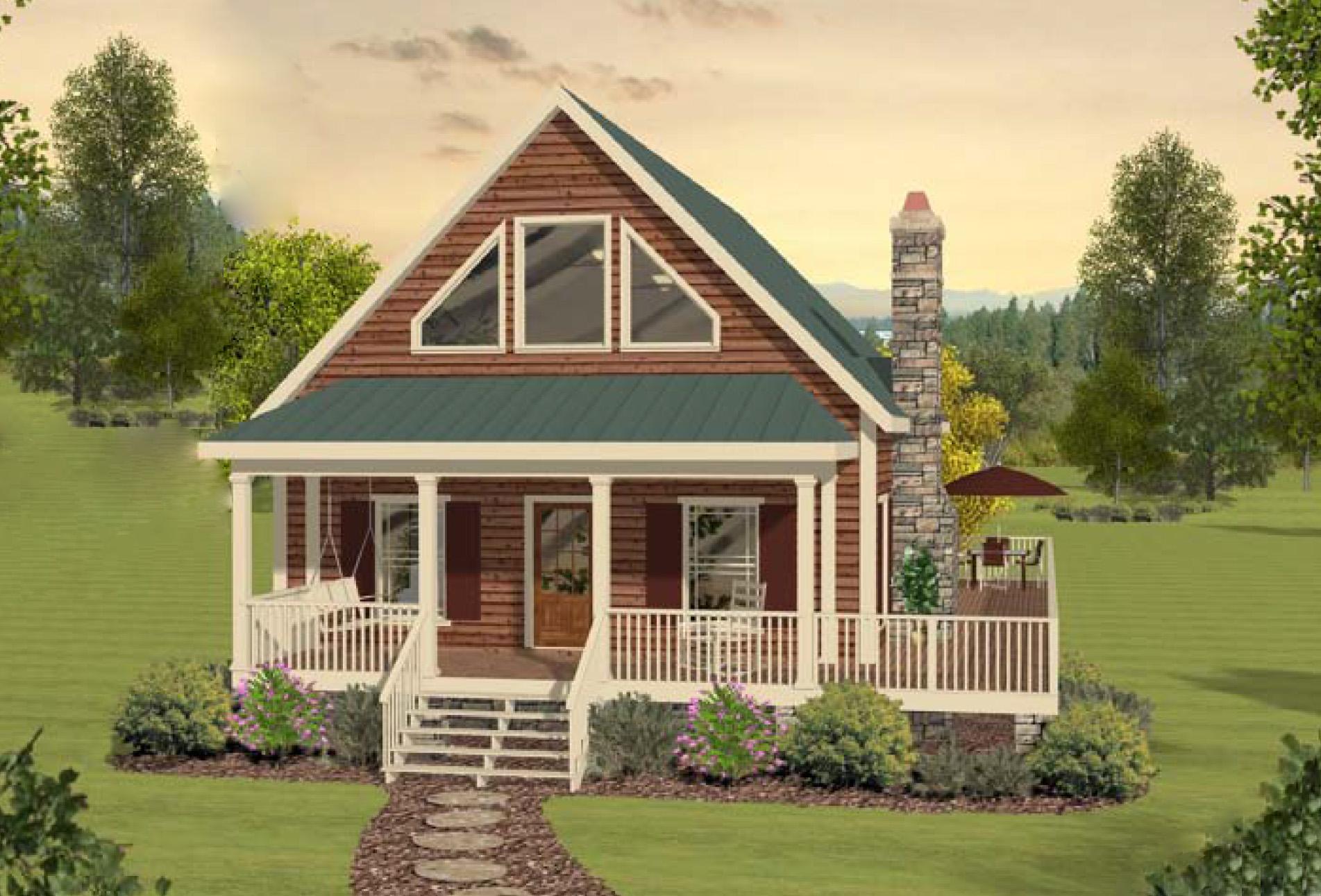 House plan exterior: Two-story home with prominent gable, wraparound porch, stone chimney, and triangular attic windows.