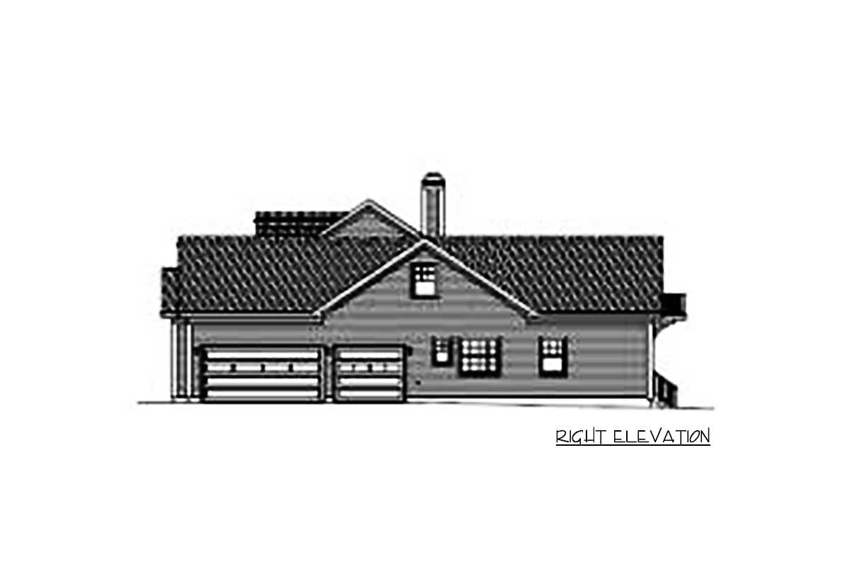 Right elevation of a house plan with a gabled roof, chimney, and a three-car garage.
