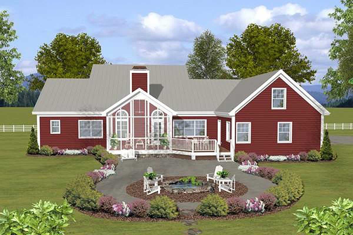 House plan exterior: Red two-story house with a wraparound porch, gable roof, and sunroom with arched windows.