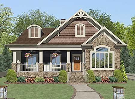 House plan exterior: One-story Craftsman style with a full-width porch, stone accents, arched window, and dormer.