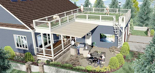 House plan exterior with two-tier deck, spiral staircase, covered patio, outdoor kitchen, and seating area.
