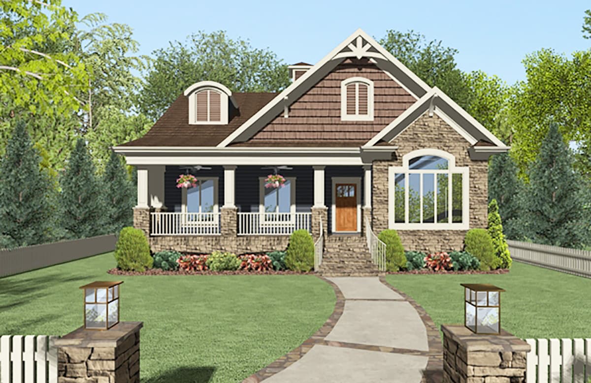 House plan exterior: A two-story home with a covered front porch, stone accents, gables, and dormer windows.
