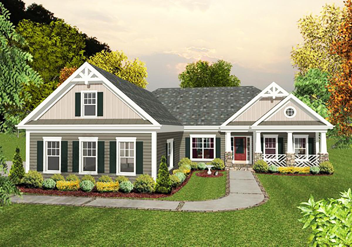 House plan exterior: Ranch style, single story, with gable dormers, a front porch with decorative railing, and stone accents.