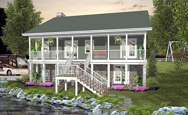 House plan exterior: Two-story home with wraparound porch, stone base, and metal roof.