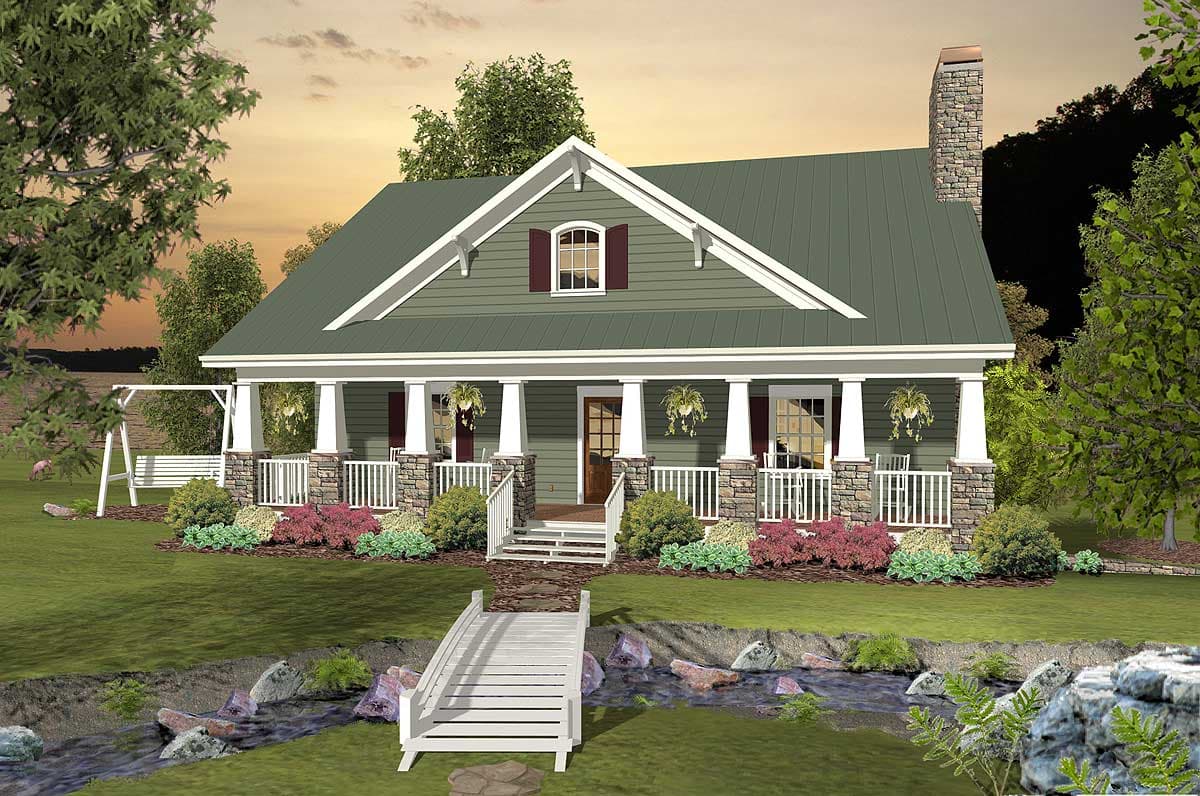 Craftsman style house plan exterior with a covered porch, stone accents, gabled dormer, and a prominent chimney.