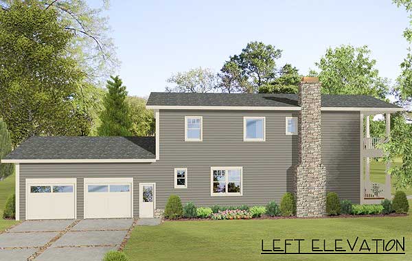 House plan exterior: Two-story home with attached two-car garage, stone chimney, and covered porch.